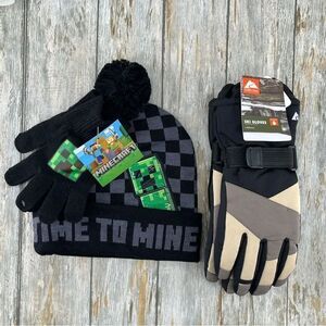 Minecraft Beanie Hat Knit & Ski Gloves 3-Piece Set